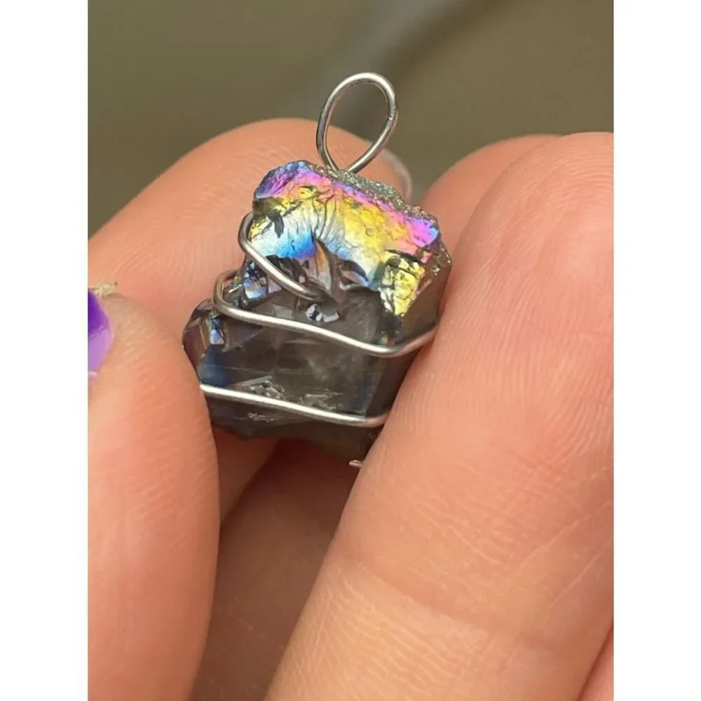 Handmade Small Rainbow Titanium Aura Stone Pendant Wrapped in Silver Wire